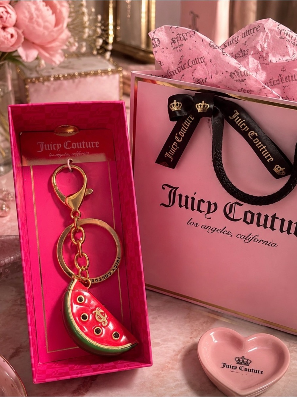 Juicy Couture Gold & Red Watermelon Keychain with Green Accent